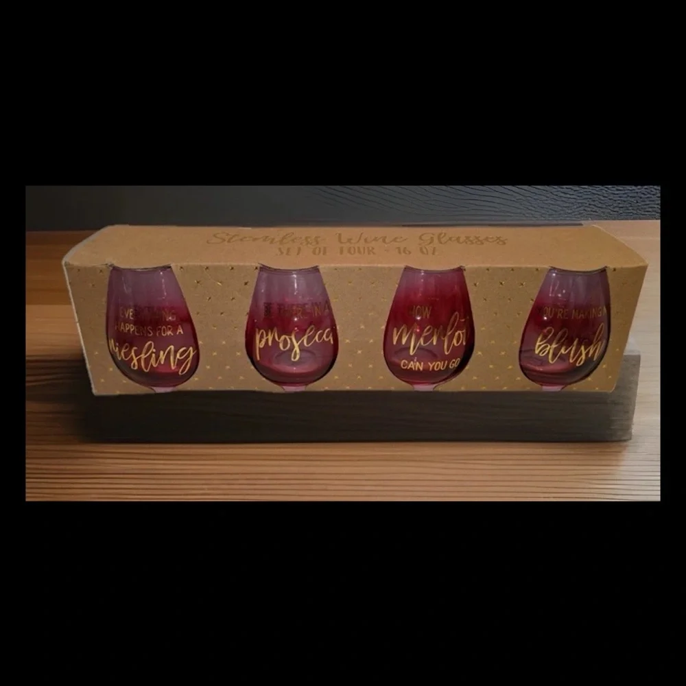 Vino Umbre Pink Stemless Wine Glasses Riesling, Prosecco ,Merlot & Blush GIFT